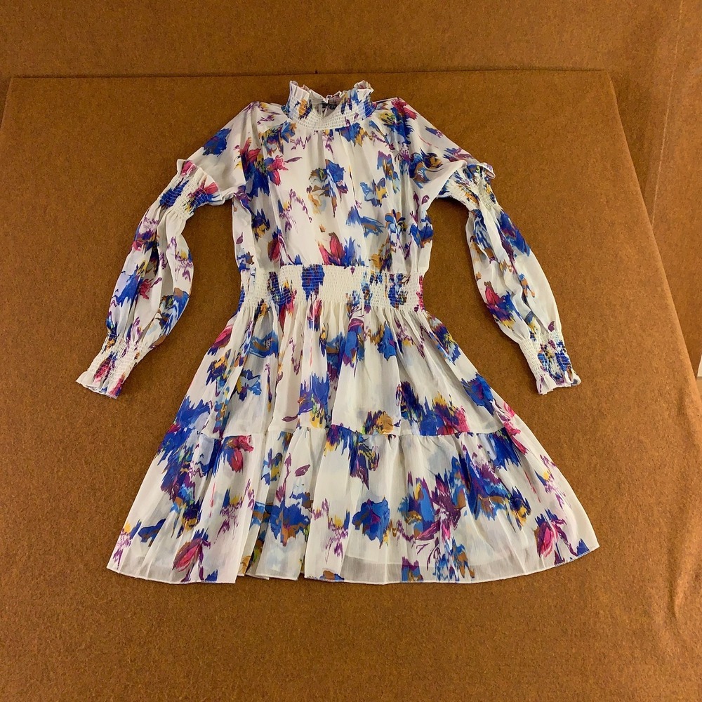 Elisa Womens US Size Medium Colorful Chiffon High Collar Long Sleeve Dress New